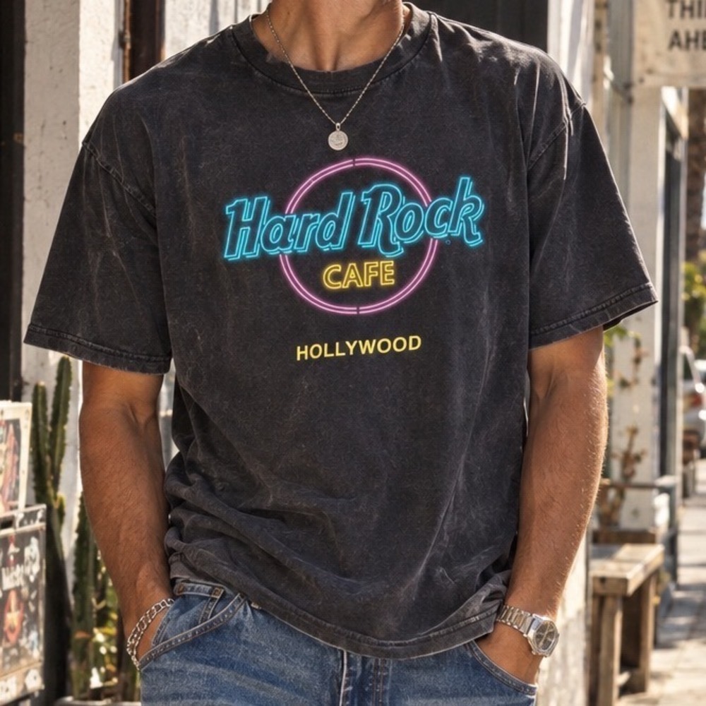 Vintage Hard Rock Cafe Hollywood T-Shirt Neon Logo Winterland Black Large D7